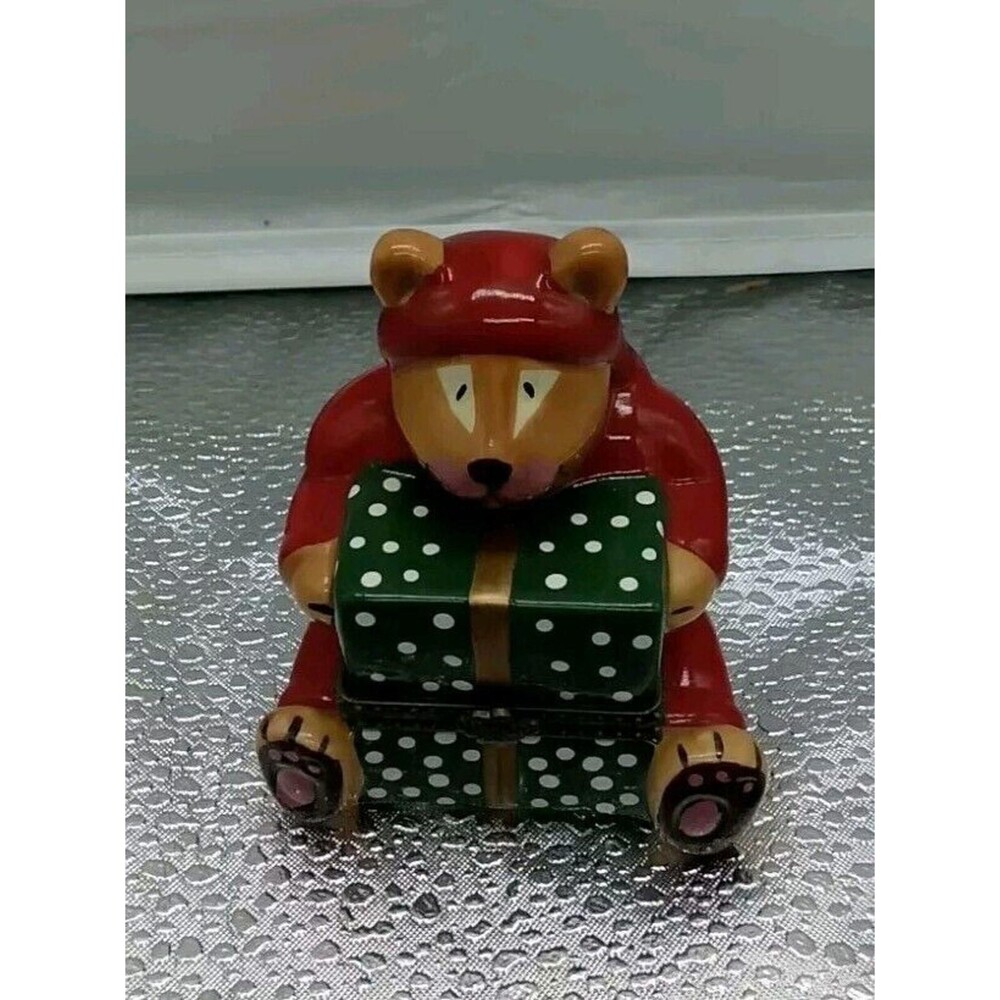Vintage Trinket Jewelry Dish W/ Tip Sweet Dreams Bear. Red Pillow‎ Christmas